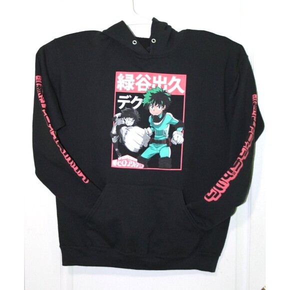 My Hero Academia Hoodie Mens Izuku Midoriya Sweatshirt Graphic Pocket Black Sz L - Picture 1 of 7